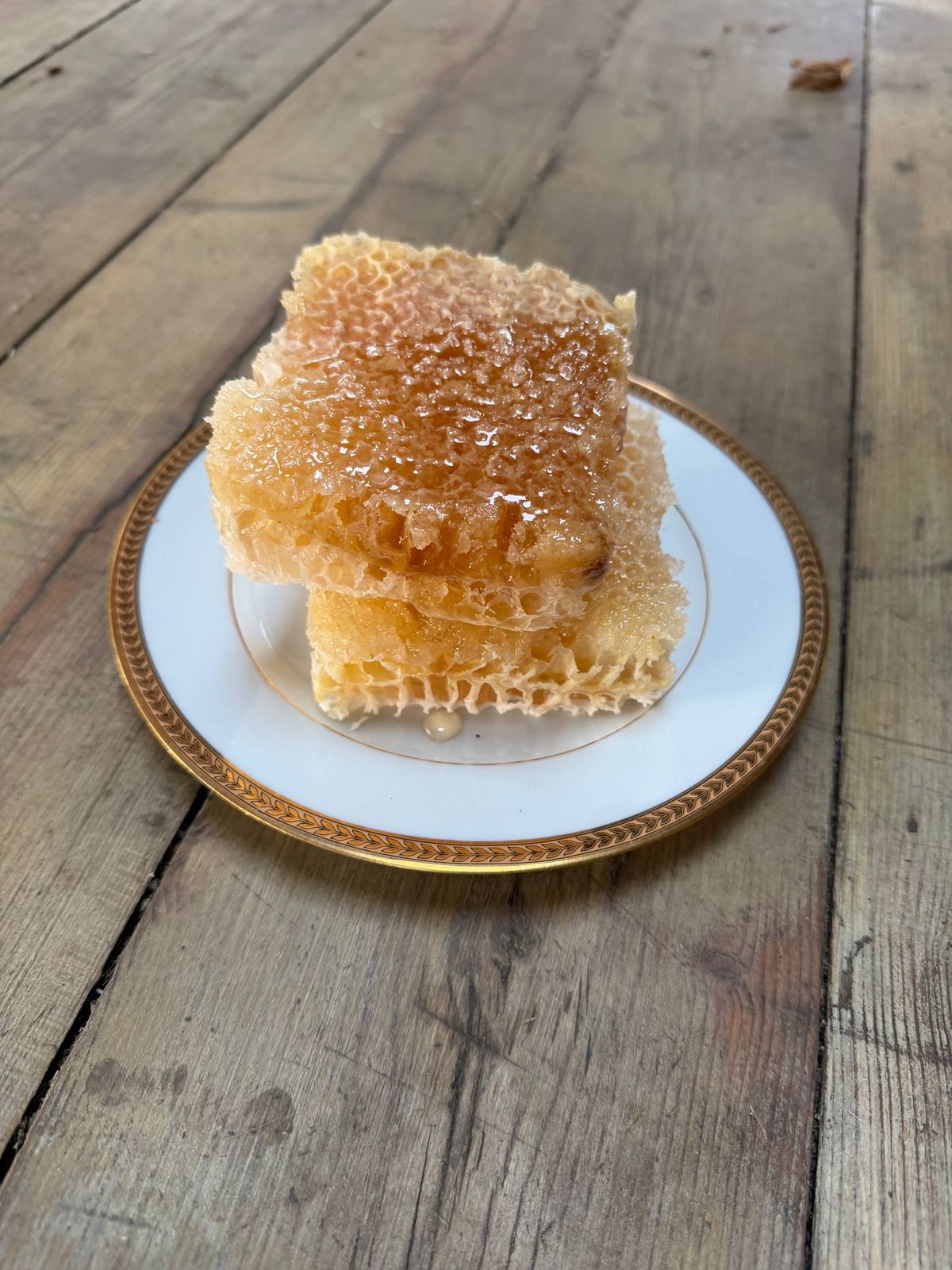 Rayon de miel brut clair sur assiette à liseré doré